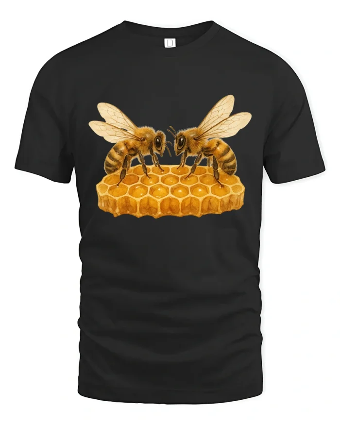 Cute Honey Bee Duo Tee Sweet Nature Inspired Honeycomb Art - black t-shirt on white background