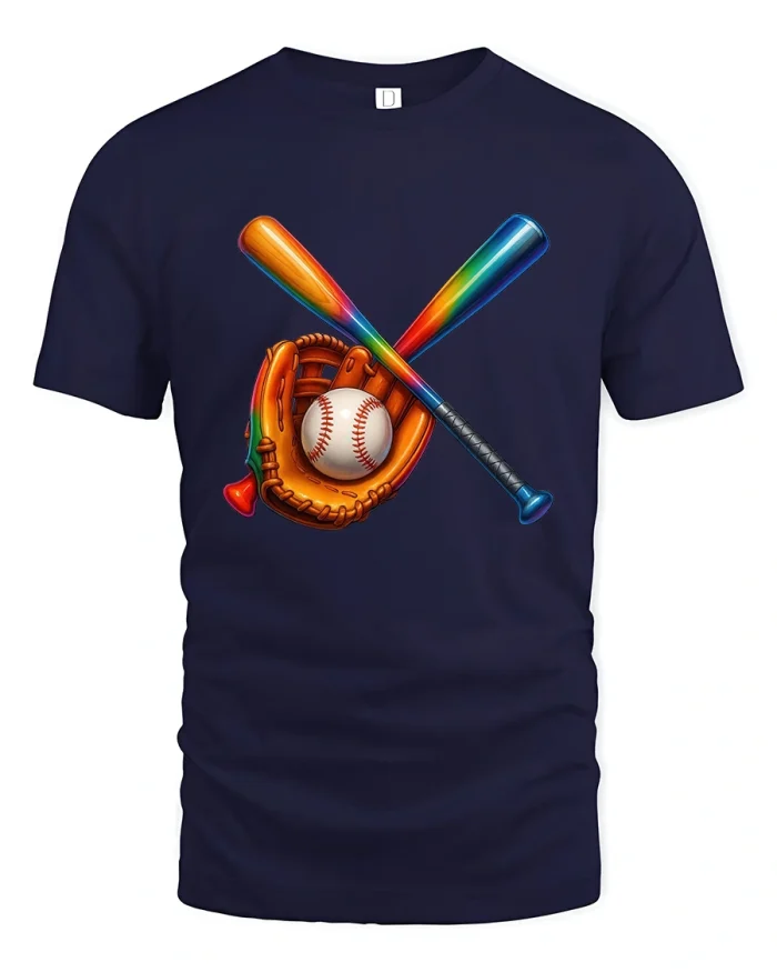 Colorful Baseball Bats and Glove Tee Classic Game Day Graphic Art - navy t-shirt on white background