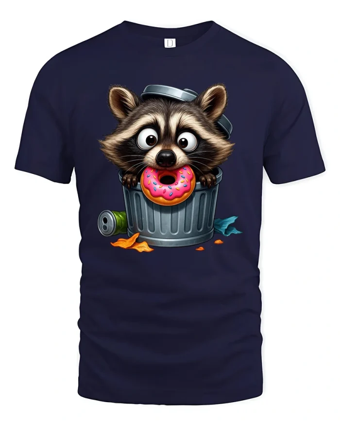 Cute Raccoon Donut Tee Funny Trash Panda Cartoon Snack Art - navy t-shirt on white background
