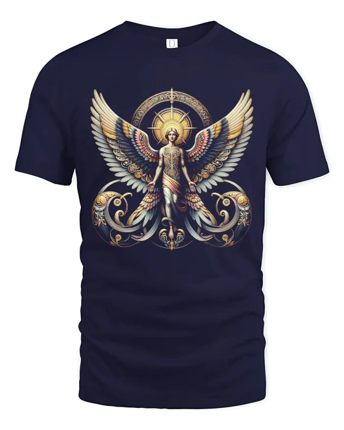 Majestic Archangel Wings Tee Sacred Angel Art With Golden Halo - navy t-shirt on white background