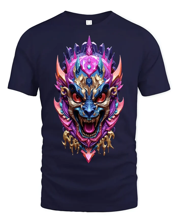 Fierce Crystal Dragon Mask Tee Neon Fantasy Beast Art Design - navy t-shirt on white background