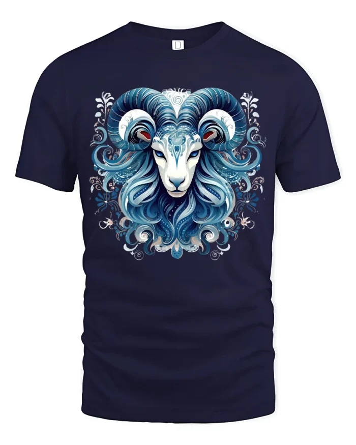 Mystic Blue Ram Zodiac Tee Celestial Aries Spirit Art Design - navy t-shirt on white background