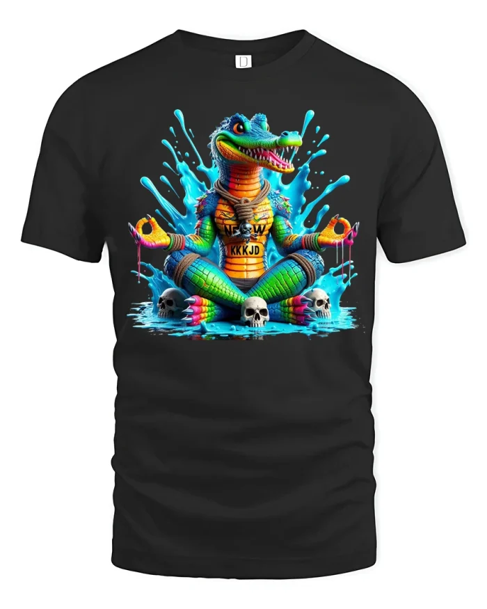 Meditating Alligator Tee Trippy Zen Crocodile Graphic Art - black t-shirt on white background