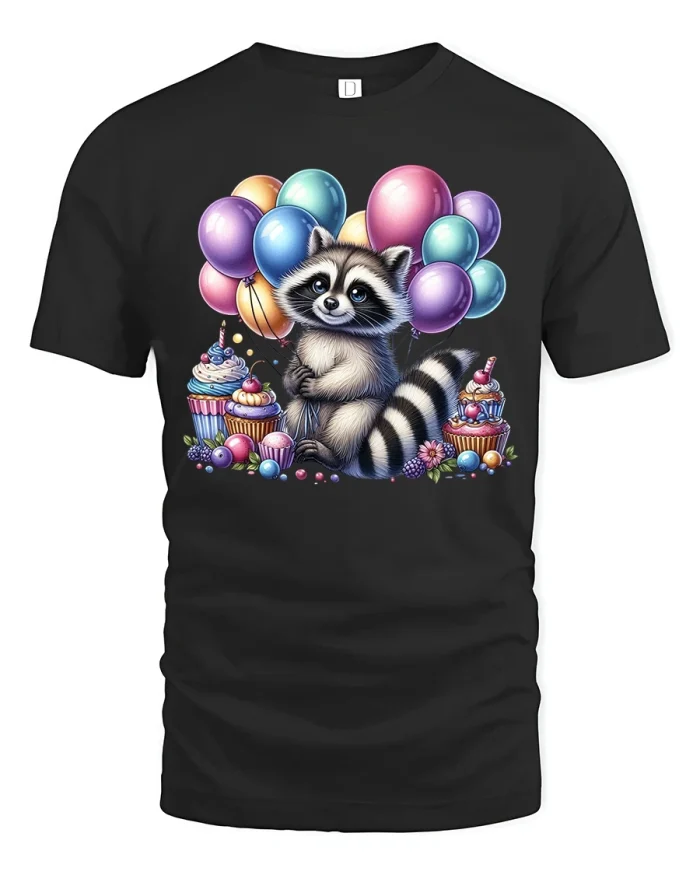Cute Raccoon Balloon Party Tee Sweet Colorful Cartoon Art - black t-shirt on white background