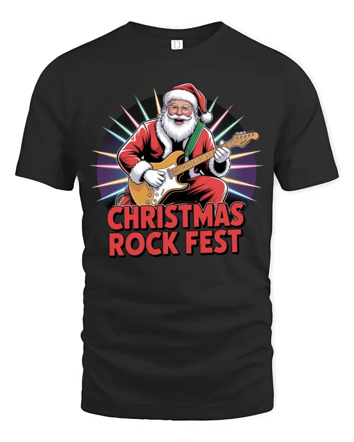 Christmas Rock Fest Santa Tee Funny Guitar Holiday Graphic - black t-shirt on white background