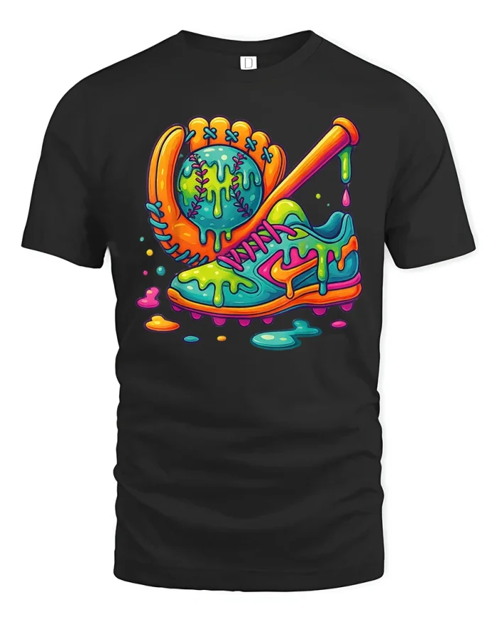 Color Splash Baseball Art Tee Dripping Glove Bat Sneaker - black t-shirt on white background