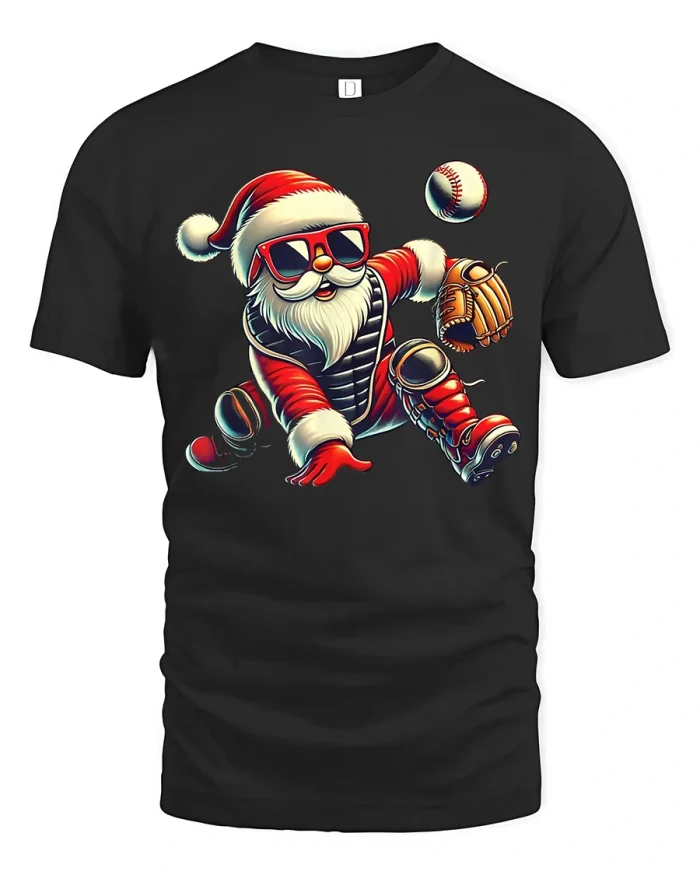 Funny Santa Baseball Catcher Tee Festive Sports Graphic - black t-shirt on white background