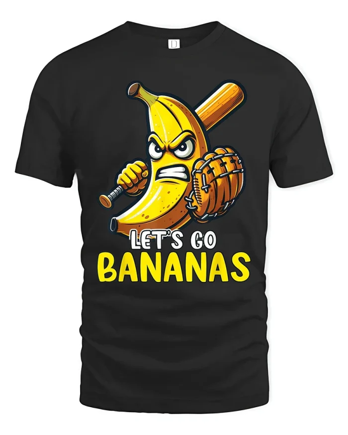 Lets Go Bananas Angry Baseball Tee Funny Cartoon Sports Art - black t-shirt on white background