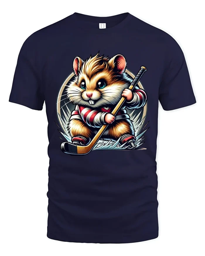 Cute Hamster Hockey Tee Adorable Animal Sports Cartoon Art - navy t-shirt on white background