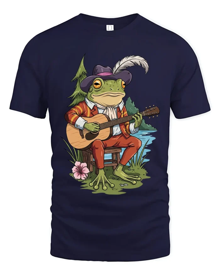 Funny Frog Guitar Player Tee Whimsical Woodland Music Art - navy t-shirt on white background