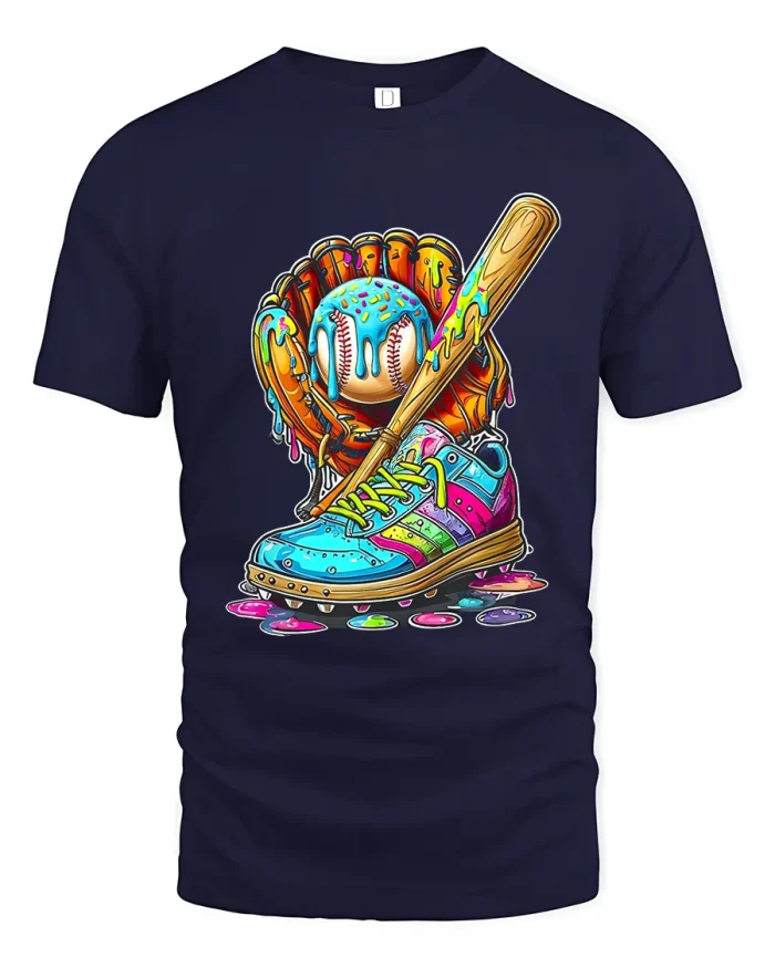Color Drip Baseball Art Tee Vibrant Glove Bat Sneaker - navy t-shirt on white background
