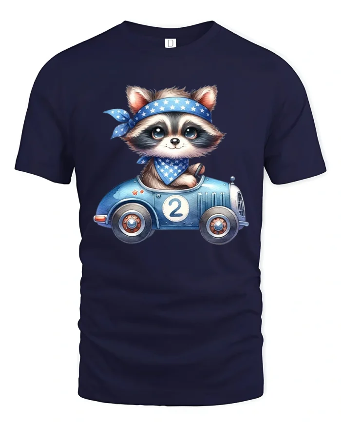 Cute Raccoon Race Car Tee Adorable Cartoon Racing Art - navy t-shirt on white background