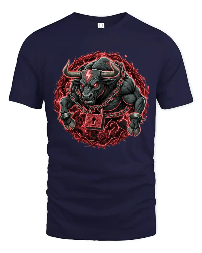 Chained Demon Bull Tee Dark Power Beast Graphic Art - navy t-shirt on white background