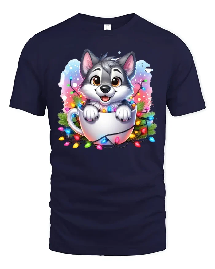 Cute Puppy In Cup Tee Cozy Holiday Lights Cartoon Art - navy t-shirt on white background