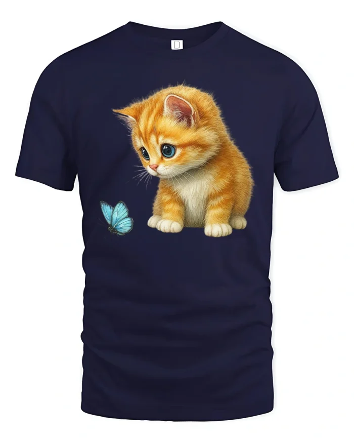Cute Ginger Kitten Butterfly Tee Adorable Soft Animal Art - navy t-shirt on white background