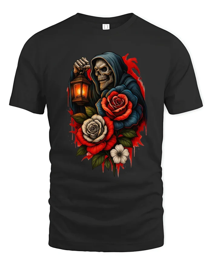 Grim Reaper Rose Art T Shirt Dark Gothic Skull Lantern Design - black t-shirt on white background