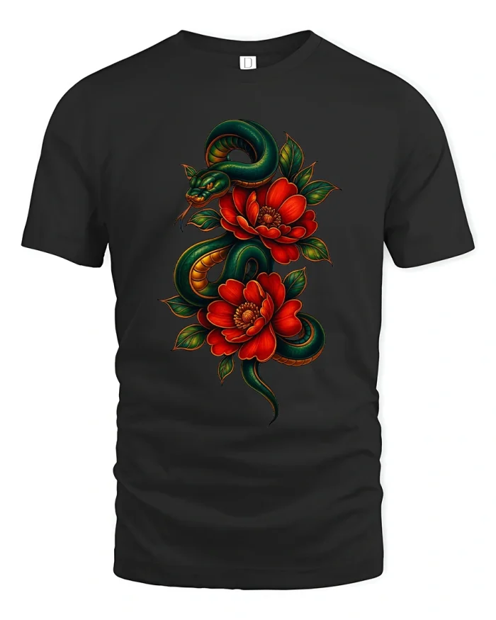 Snake And Rose Art Graphic T Shirt Tattoo Style Floral Design - black t-shirt on white background