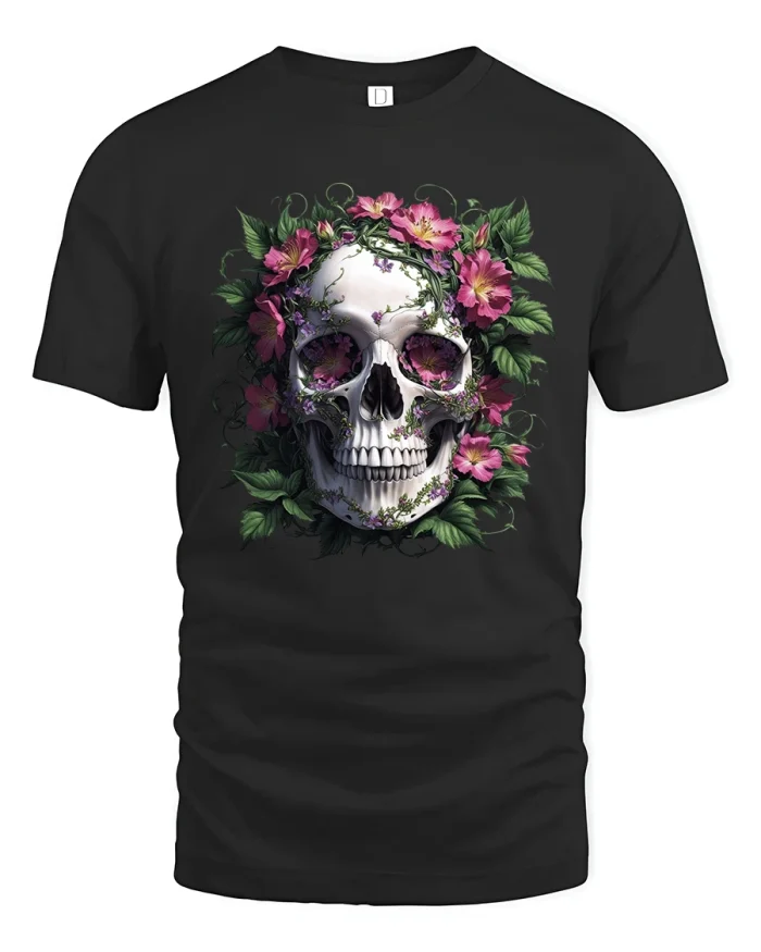 Floral Skull Art Graphic T Shirt Gothic Rose Aesthetic Design - black t-shirt on white background