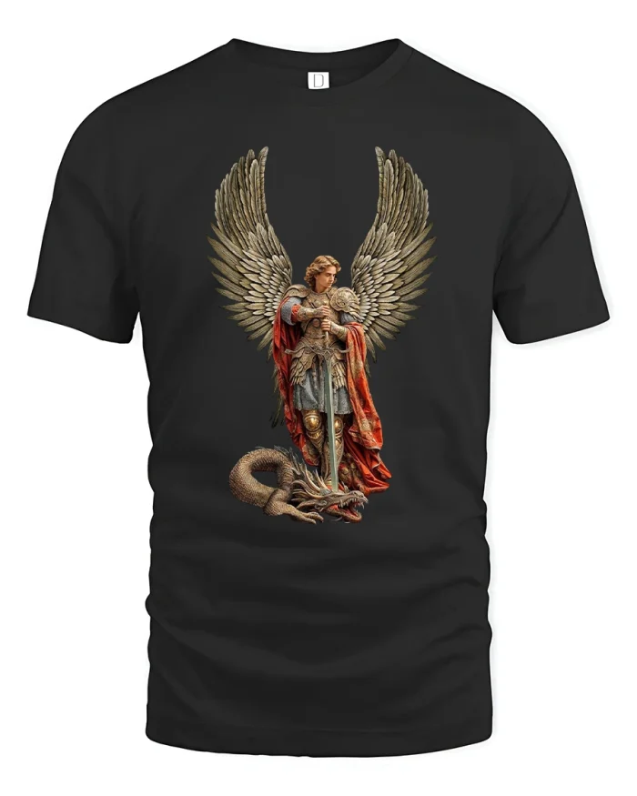 Archangel Warrior Art Graphic T Shirt Angel Dragon Design - black t-shirt on white background