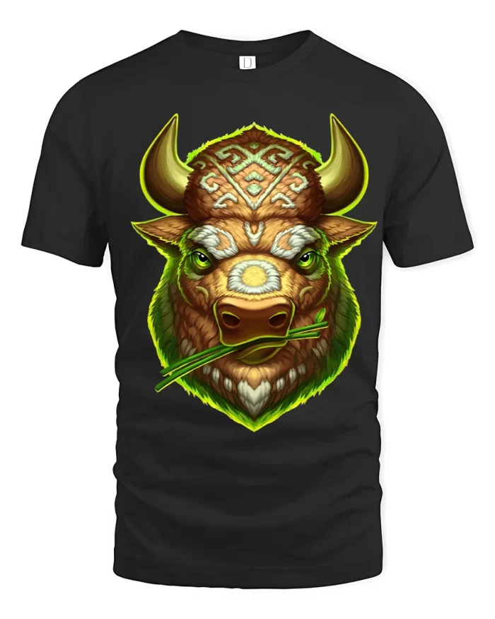 Mystic Bull Spirit Art Graphic T Shirt Tribal Fantasy Design - black t-shirt on white background