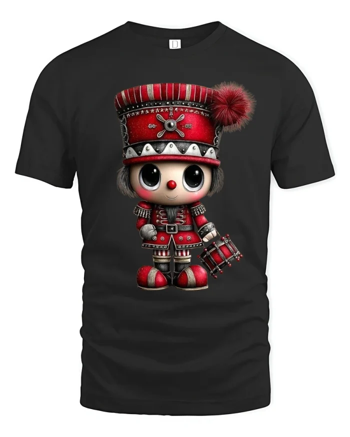 Cute Nutcracker Drummer Doll Art Graphic T Shirt Festive Style - black t-shirt on white background