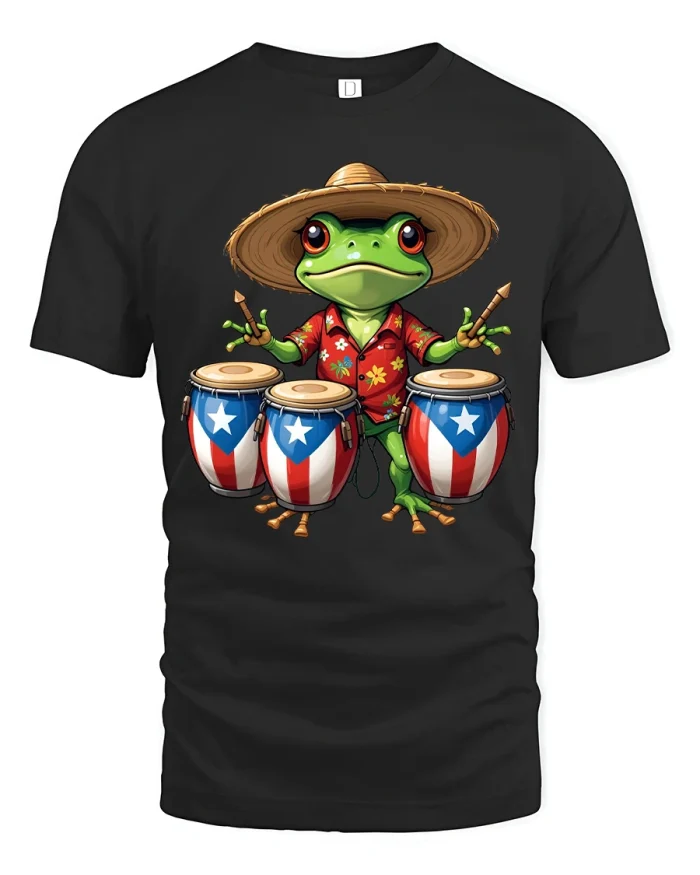 Funny Frog Drummer Art Graphic T Shirt Tropical Music Vibes - black t-shirt on white background