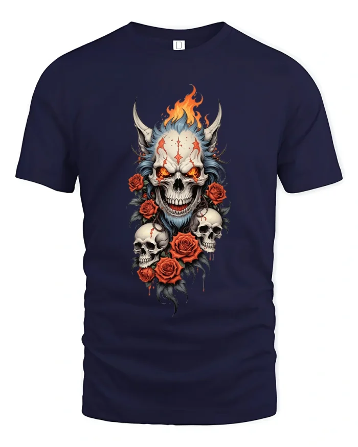 Demonic Skull Rose Art Graphic T Shirt Dark Fantasy Design - navy t-shirt on white background