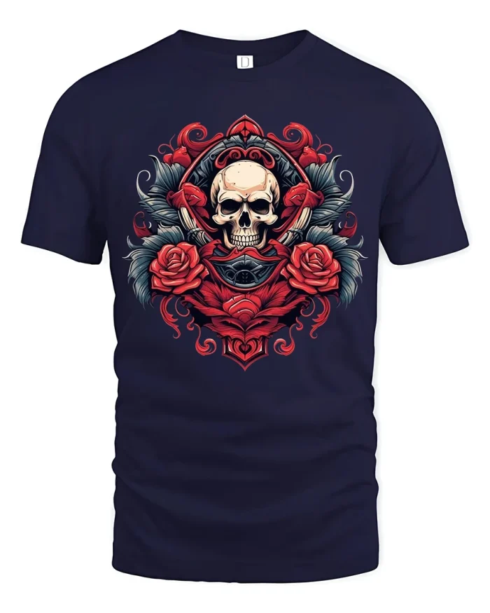 Skull And Red Rose Crest Art Graphic T Shirt Gothic Style - navy t-shirt on white background