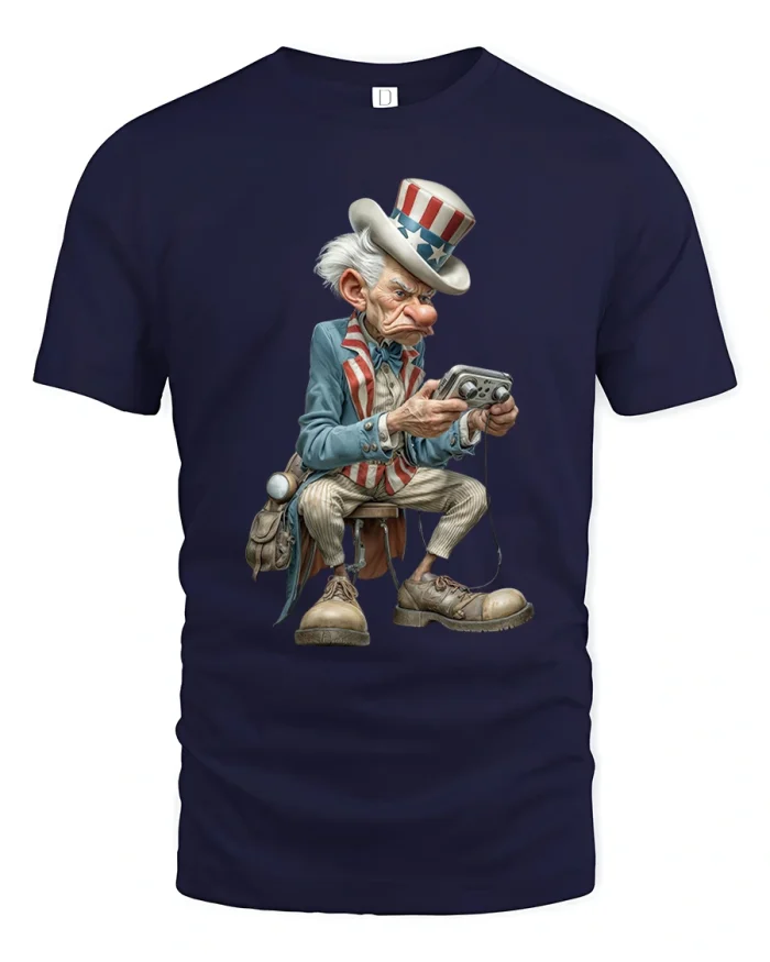 Funny Uncle Sam Gamer Art Graphic T Shirt Retro Controller Style - navy t-shirt on white background