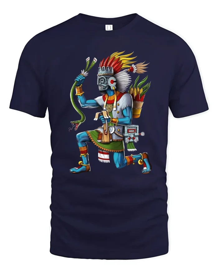 Aztec Warrior Deity Art Graphic T Shirt Ancient Myth Style - navy t-shirt on white background