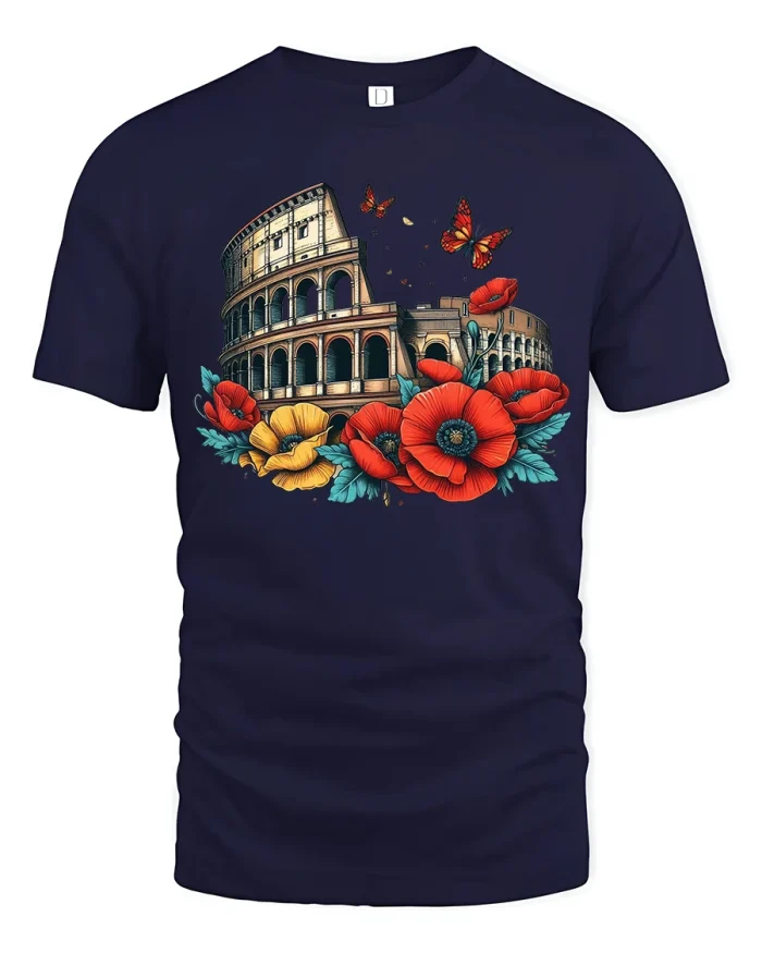Roman Colosseum Floral Art Graphic T Shirt Travel Aesthetic - navy t-shirt on white background