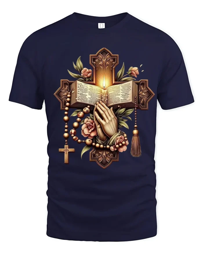 Christian Prayer Cross Art Graphic T Shirt Faith And Devotion - navy t-shirt on white background
