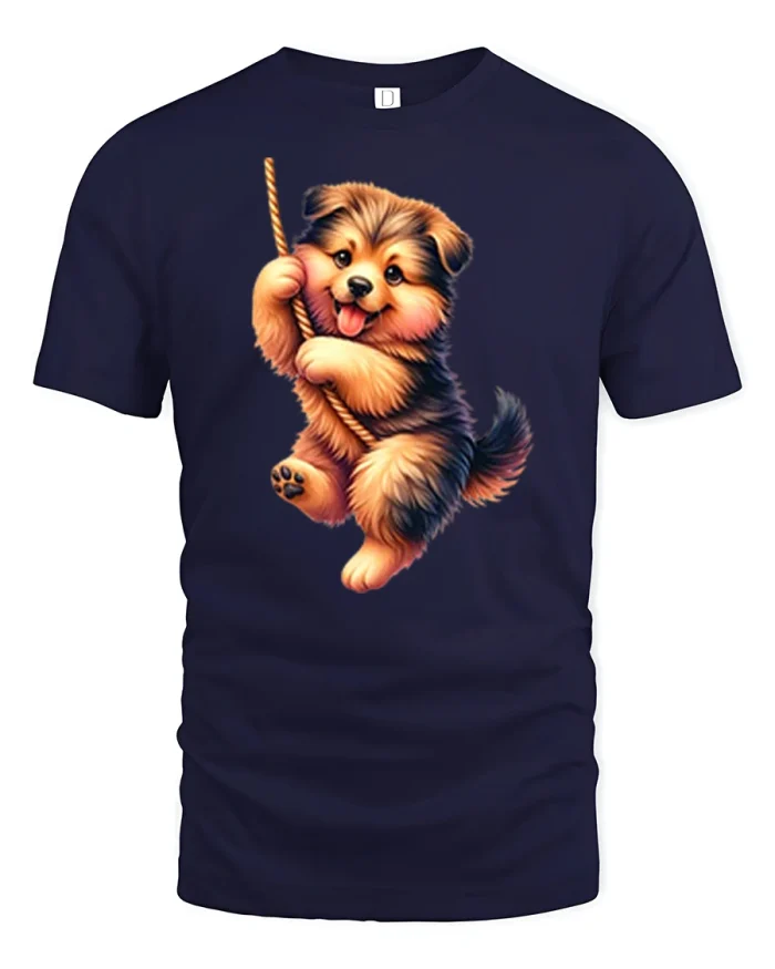 Cute Puppy Hanging Rope Art Graphic T Shirt Adorable Style - navy t-shirt on white background