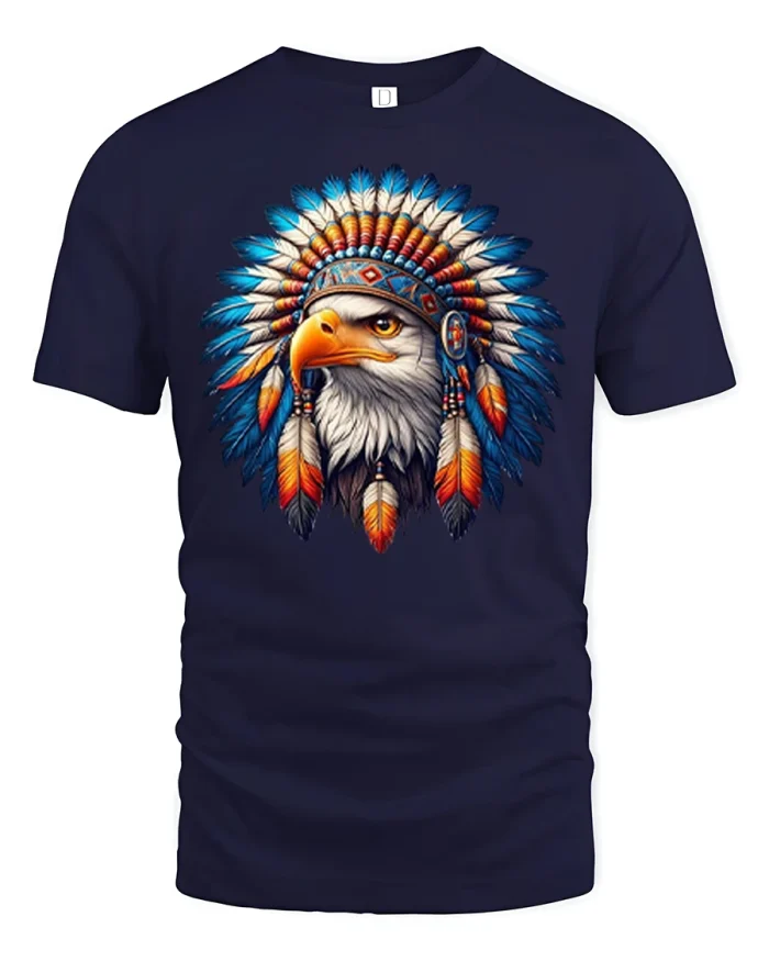 Eagle With Feather Headdress Art Graphic T Shirt Tribal Spirit - navy t-shirt on white background