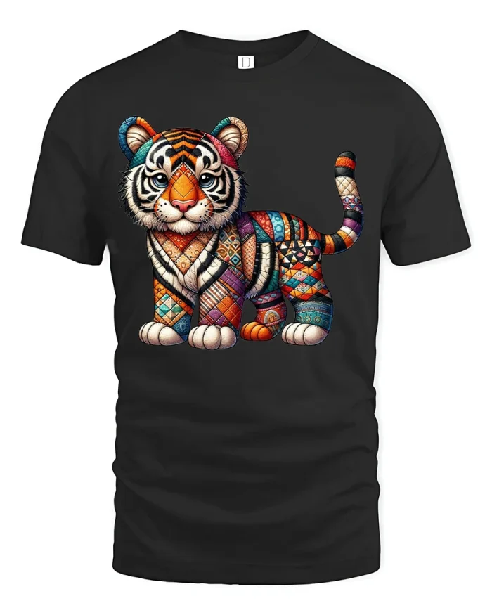 Colorful Patchwork Tiger Art Illustration Premium Graphic T Shirt - black t-shirt on white background