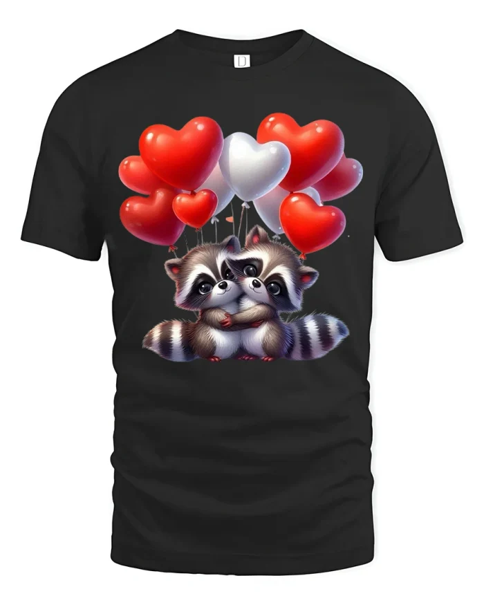 Cute Raccoon Love Hearts Cartoon Illustration Graphic Tee - black t-shirt on white background