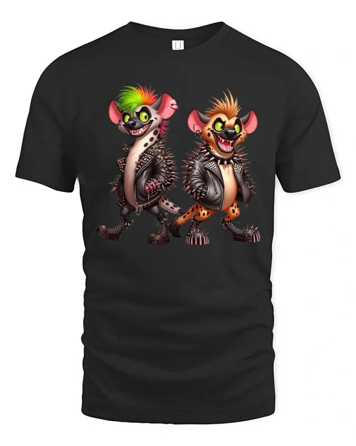 Punk Hyena Duo Cartoon Art Funny Graphic Tee With Attitude - black t-shirt on white background