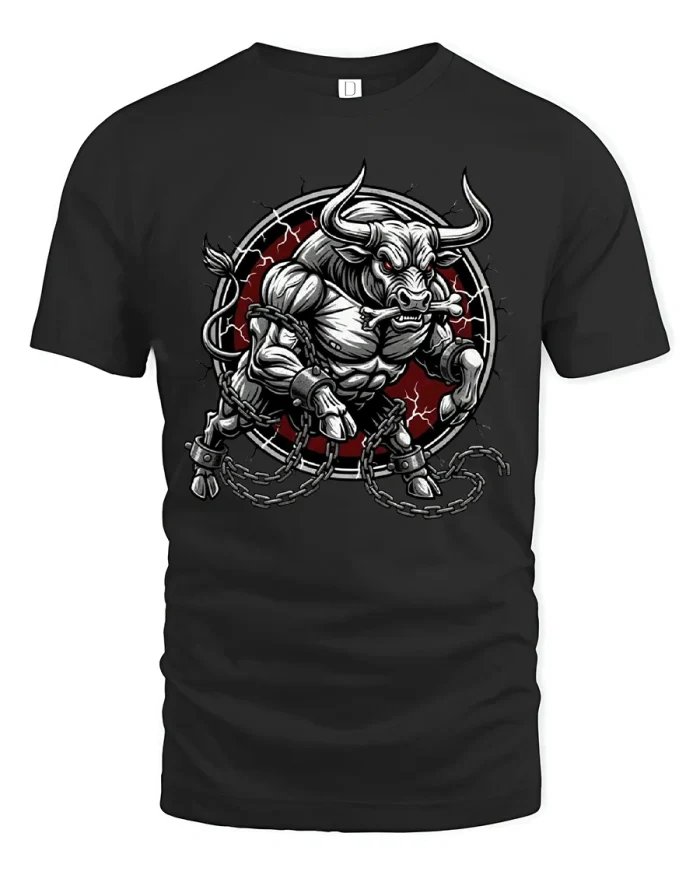 Fierce Chained Bull Warrior Power Graphic Tee With Dark Style - black t-shirt on white background