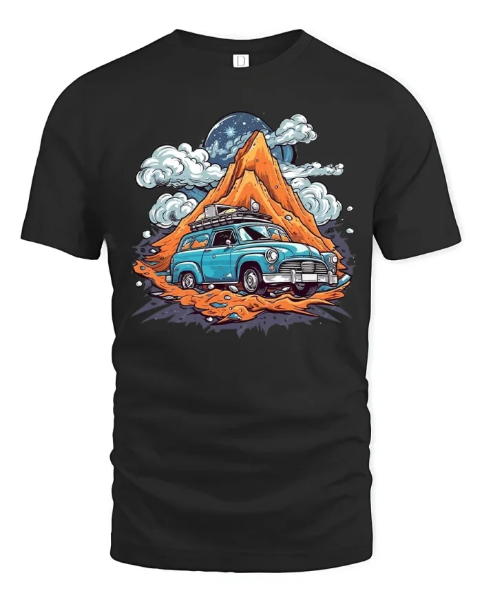 Adventure Road Trip Mountain Van Illustration Graphic Tee - black t-shirt on white background