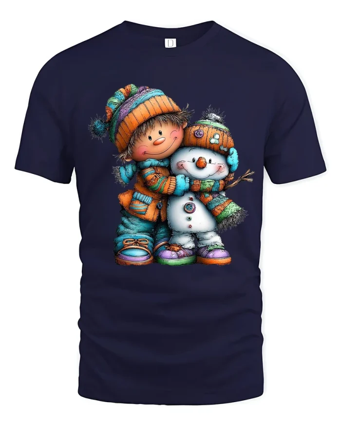 Cute Winter Child And Snowman Cartoon Illustration Graphic Tee - navy t-shirt on white background
