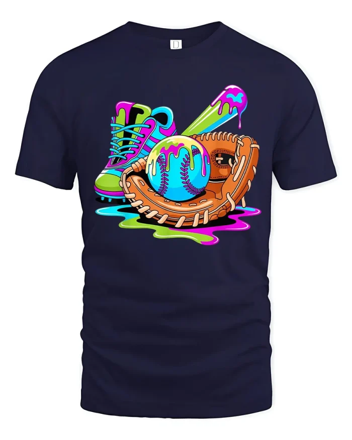 Colorful Baseball Gear Cartoon Illustration Graphic Tee - navy t-shirt on white background