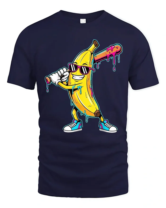Funny Banana Baseball Cartoon Illustration Graphic Tee - navy t-shirt on white background