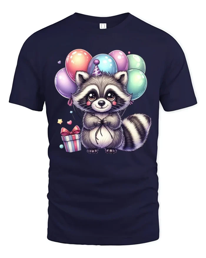 Cute Raccoon With Balloons Cartoon Illustration Graphic Tee - navy t-shirt on white background