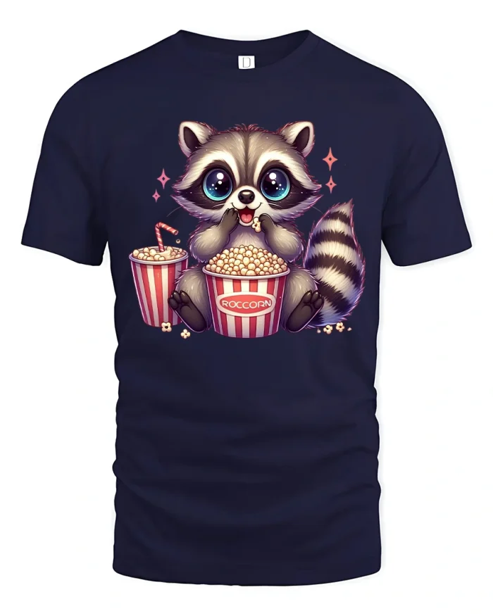 Cute Raccoon Popcorn Movie Night Cartoon Illustration Tee - navy t-shirt on white background