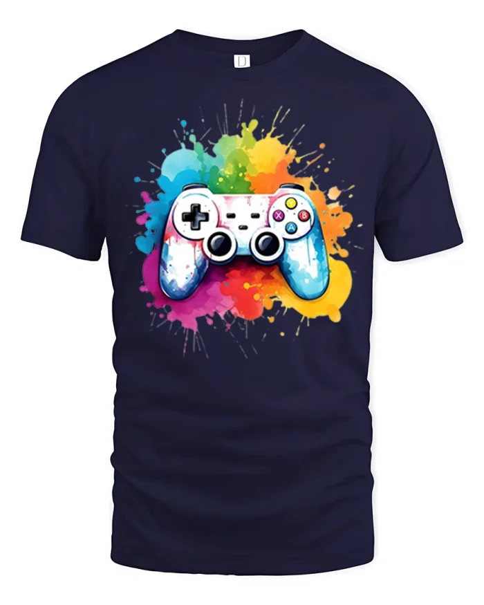 Colorful Gaming Controller Paint Splash Cartoon Graphic Tee - navy t-shirt on white background