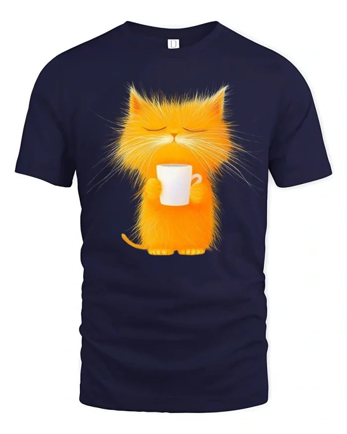 Cute Sleepy Cat Holding Coffee Mug Morning Vibes Graphic Tee - navy t-shirt on white background