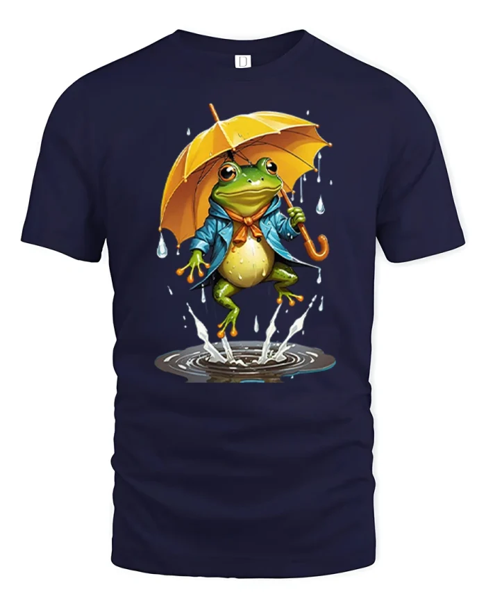 Cute Frog With Umbrella Rainy Day Cartoon Illustration Graphic Tee - navy t-shirt on white background