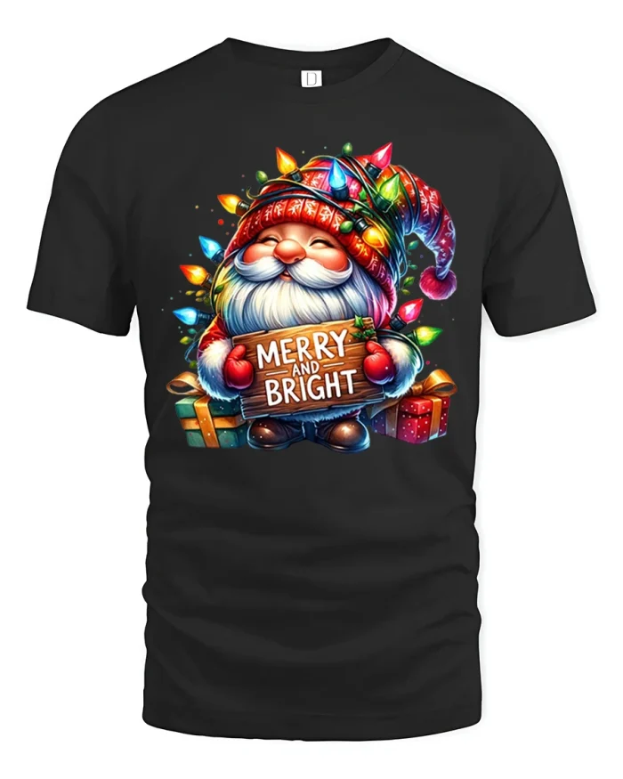 Merry and Bright Christmas Gnome Graphic Tee Festive Holiday Tshirt - black t-shirt on white background
