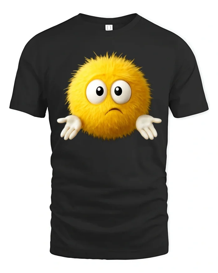Cute Confused Yellow Fluffy Character Graphic Tee Funny Tshirt - black t-shirt on white background