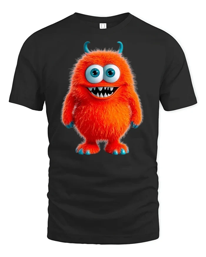 Cute Orange Fluffy Monster Cartoon Graphic Tee Funny Unisex Tshirt - black t-shirt on white background